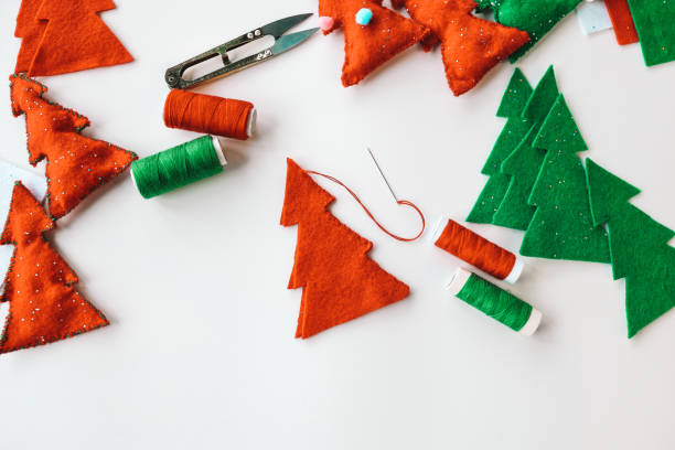 istock Process of hand made soft toys sewing with felt and needle for Christmas tree decoration 1830776849