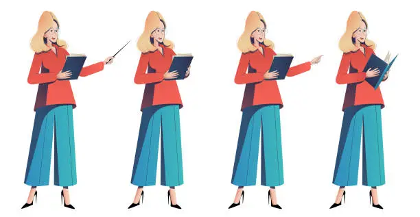 Vector illustration of Elegant woman speaker giving presentation or lecture pose set. Stylish business girl or teacher pointing at smth with pointer, or finger, talking and holding folders. Character set vector illustration