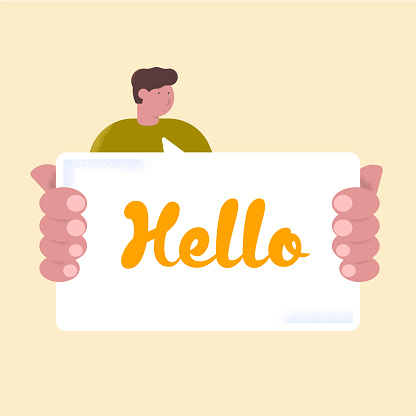 Illustration of a man holding a cardboard cutout in the shape of a speech bubble. Hello is written on the cardboard. This illustration is a vector artwork and can be used on websites, web banners, social media, etc.