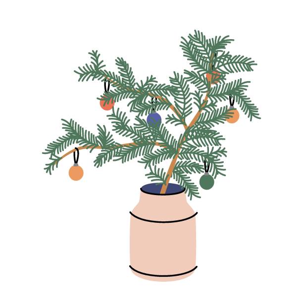 ilustrações, clipart, desenhos animados e ícones de esboço de vaso elegante com galhos de árvore de natal. buquê de galhos de abeto. ilustração vetorial desenhada à mão. - spruce branch