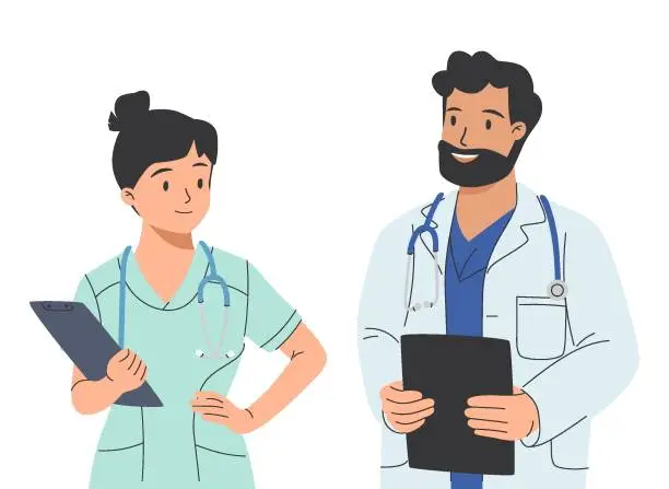 Vector illustration of Friendly Male and Female Doctors standing together. Concept of medical team. Vector illustration in hand drawn style