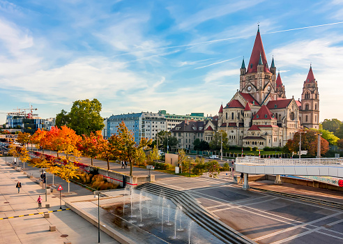 Francis of Assisi church and Danube river embankment in autumn, Vienna, Austria