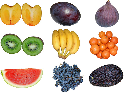 Collage with different fruits: persimmons, plum, fig, kiwi, bananas, tangerines, watermelon, grapes, avocado