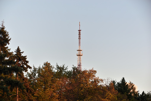 A television tower on the background of autumn trees. An iron high structure in the city.