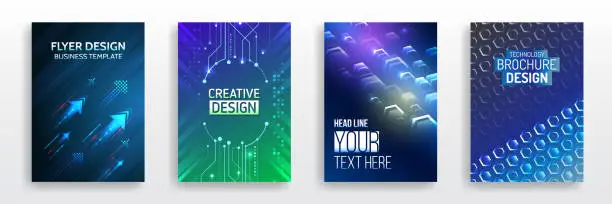 Vector illustration of Futuristic business posters. Technology covers corporate documents. Layout template science designs. Brochure, flyer, book, annual report. Blue hi-tech vector illustrations for business presentations.