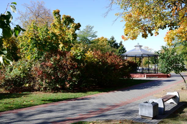 istock Park, autumn, gazebo, bench, walking path. 1830817723