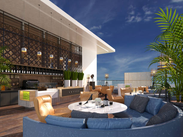 istock rooftop restaurant cafe, outdoor patio. 3d rendering 1830818792