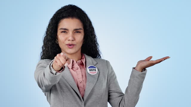 Woman, face and advertising for politics and vote, election info and campaign on blue background. News, announcement and presentation, mockup space and portrait with political party choice in studio