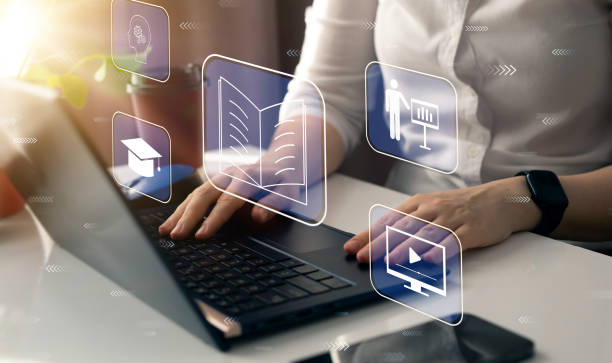 istock E-learning education, internet lessons and online webinar. Person who attends online lessons on a digital screen.Education internet Technology. 1830830201