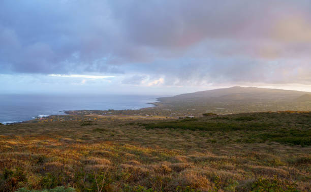 rapa nui. the view of hanga roa, easter island, chile - ahu tahai imagens e fotografias de stock