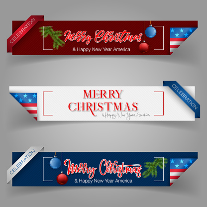 Web banners for winter holidays, design background with handwriting texts, Christmas tree branch and Christmas decoration for American Christmas celebration event;Vector illustration