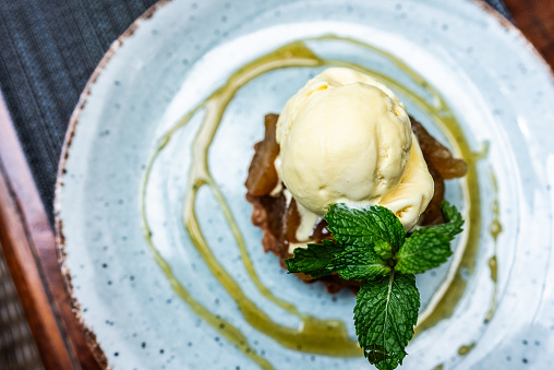 Apple pie with ice cream at restaurant