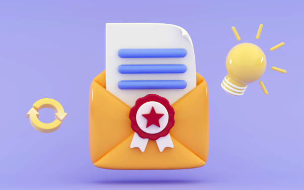 3d yellow open mail envelope with paper and stamp White sheet of paper with blue text Business news