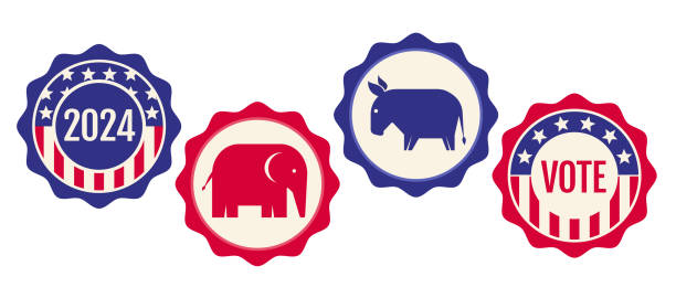 Vector vintage banners for 2024 presidential election in USA. Election 2024. Vote 2024. American pins. Donkey and elephant. vector art illustration