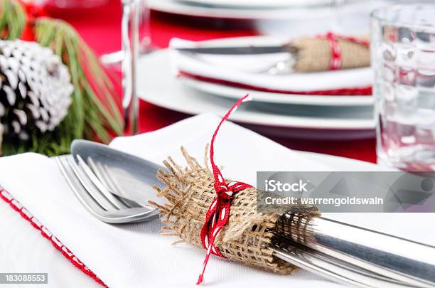 Dinner Cutlery For Christmas Festive Season Stock Photo - Download Image Now - Arranging, Burlap, Celebration