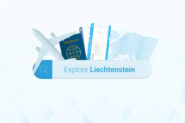 Vector illustration of Searching tickets to Liechtenstein or travel destination in Liechtenstein. Searching bar with airplane, passport, boarding pass, tickets and map.