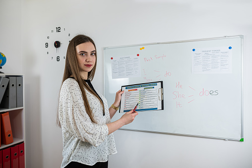 Portrait of caucasian female student standing near whiteboard explains the rules in classroom. Learning concept