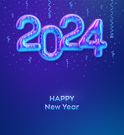 Happy New Year 2024. Colorful foil balloon numbers on blue background. High detailed 3D iridescent foil helium balloons. Merry Christmas and Happy New Year 2024 greeting card. Vector illustration