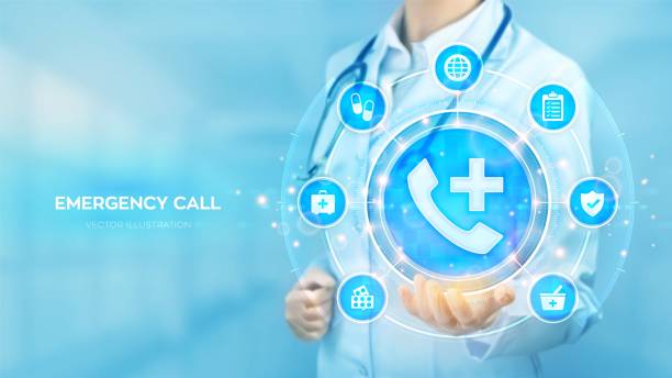 istock Emergency call. Medical call center hotline. SOS. First aid. Emergency application. Doctor holding in hand Phone call sign, medicine icons network connection on virtual screen. Vector illustration. 1830895358