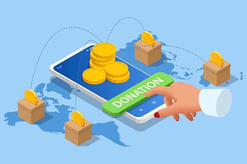 Isometric people characters donate money for charity online. Every donated coin aids in humanitarianism. Online donation services offer a flat and efficient way to support charity