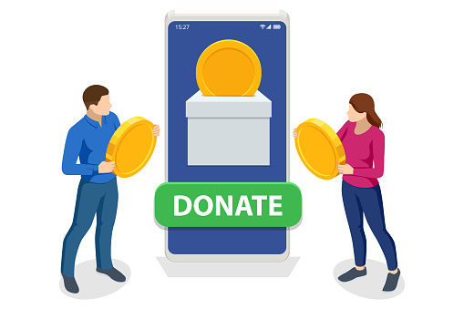 Isometric people characters donate money for charity online. Help finance our volunteer programs and ensure a brighter future for all