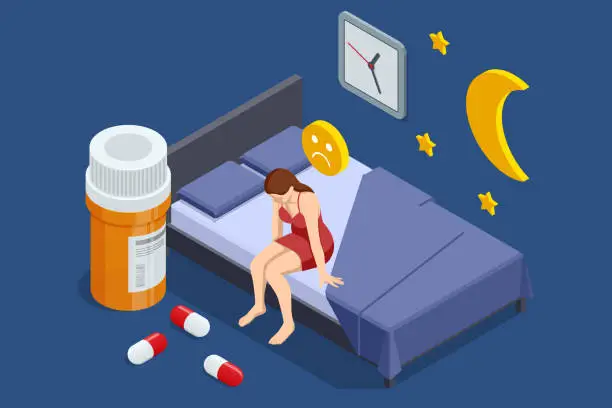 Vector illustration of Isometric sleepy exhausted woman lying in bed, can not sleep. Insomnia. Sleeping pills, alarm clock, pillow. Frustrated woman in bed suffering insomnia