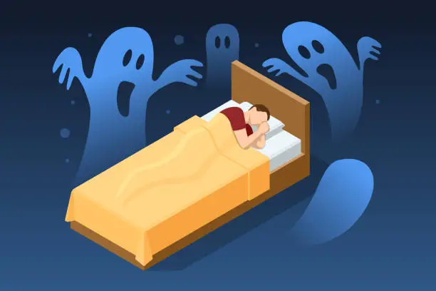 Vector illustration of Isometric sleeping man has nightmares. Horrible dream. Stress and night terrors