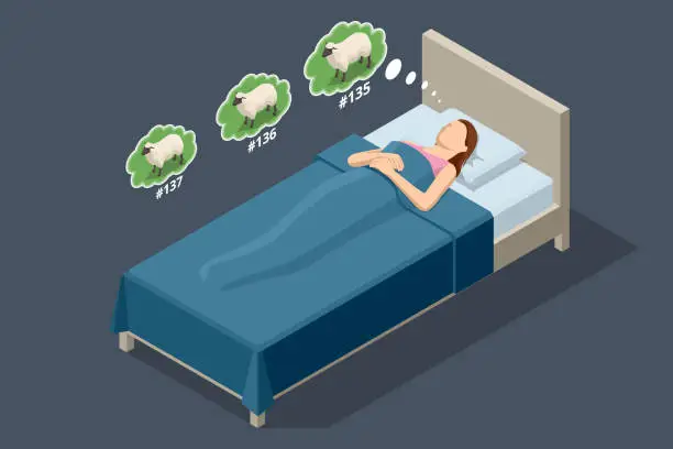 Vector illustration of Isometric sleepy exhausted woman lying in bed, can not sleep. Insomnia. Tired woman lying in bed and counting sheep to fall asleep. Frustrated woman in bed suffering insomnia