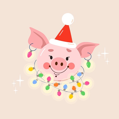 Cute pink little naughty pig wearing Santa Claus Christmas cap, glowing multi-colored light garland around neck, earrings. Vector illustration in flat style. Greeting card with symbol of good luck.