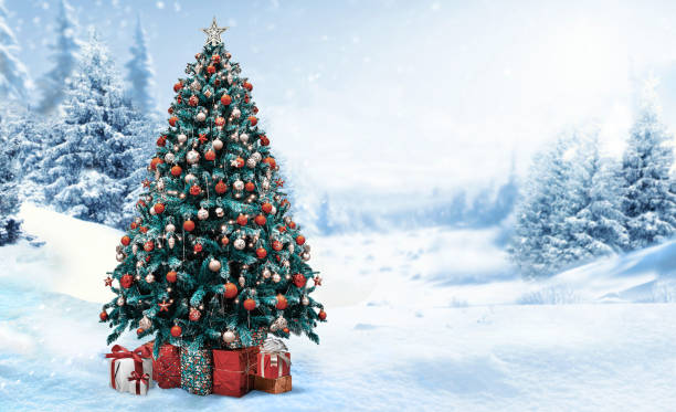 Christmas tree in beautiful snowy winter landscape