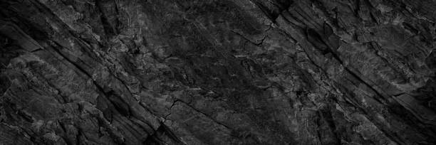 istock Black white dark gray rock stone texture background. Close-up. Cracked crumbled rough mountain surface. Banner. 1830921924
