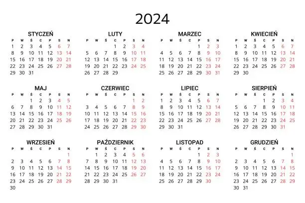 Vector illustration of 2024 polish calendar. Printable, editable vector illustration for Poland. 12 months year kalendarz.