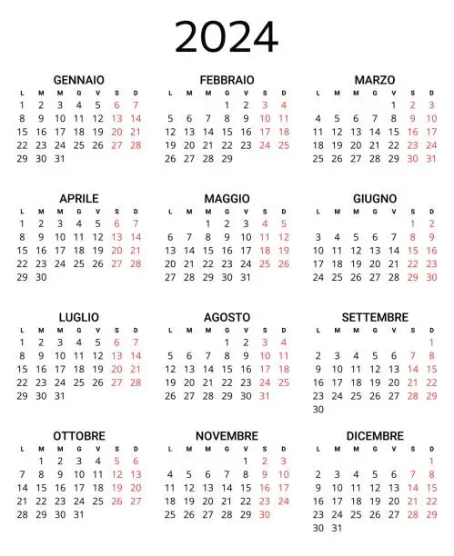 Vector illustration of 2024 italian calendar. Printable, editable vector illustration for Italy. 12 months year calendario.