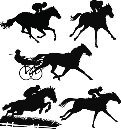 Group of horse silhouettes involved in track racing, harness racing and hurdle racing.
