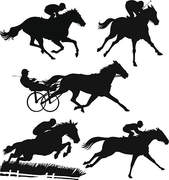 Racing Horses Silhouettes Group of horse silhouettes involved in track racing, harness racing and hurdle racing. jockey stock illustrations