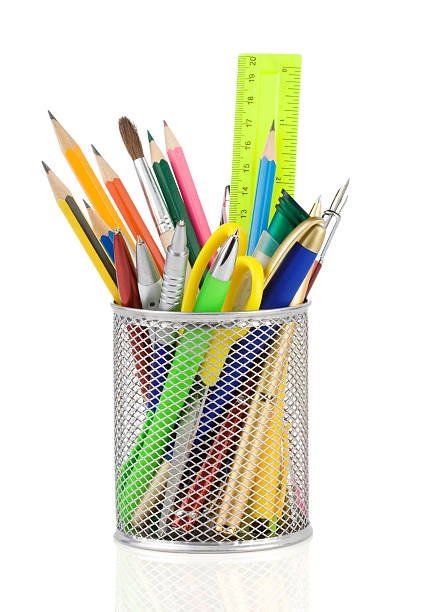 istock holder basket and office supplies white 183094649