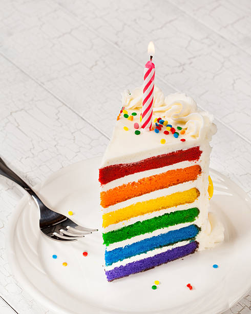 Large slice of birthday cake with six rainbow layers
