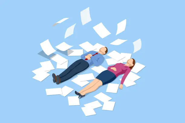 Vector illustration of Isometric businessman lying down beside low battery indicator. Unhappy tired office worker manager man character lying on floor