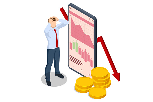 Isometric decreasing trend showing unsuccessful performance and losses failure due to the economic crisis.