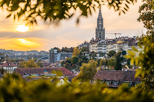 View of Bern in autumn with its Cathedral in distance in Switzerland.