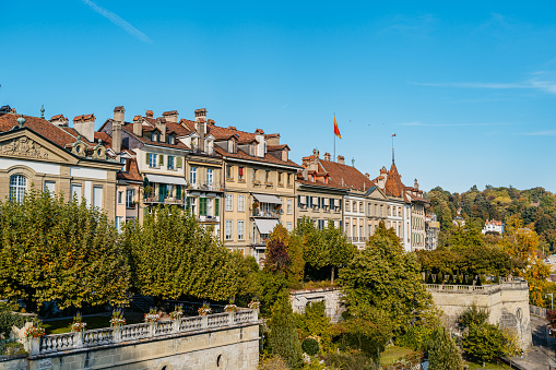 Minster Terrace or Münsterplattform with terraced gardens near the Bern Cathedral and Aare River in old town of Bern, Switzerland.
