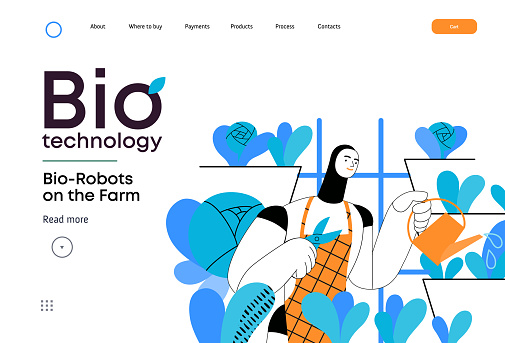 Bio Technology, Robot on farm -modern flat vector concept illustration of bio-robot engaged in agricultural activities. Metaphor of robotics and biotechnology integration, efficiency, sustainability