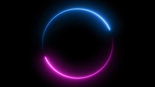 istock Abstract blue pink neon glowing circle frame, animated moving led light screen ring projection 3d rendering, empty space border presentation design background, futuristic laser line sprectrum backdrop 1830975588
