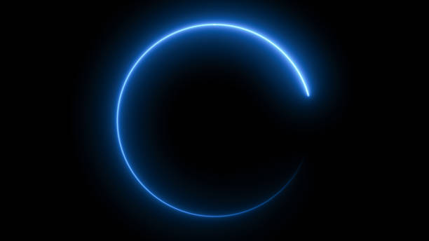istock Abstract blue neon glowing circle frame, animated moving led light screen ring projection 3d rendering, empty space border presentation design background, futuristic laser line sprectrum backdrop 1830976100