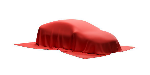 Unrevealed upcoming car cover in red silk isolated on white background, premium new electric vehicle stage exhibition 3d rendering