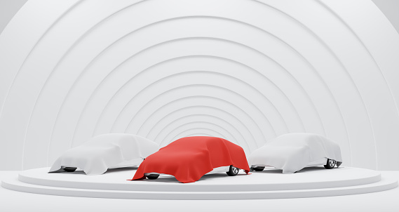 Unrevealed upcoming car cover in red silk showroom, clean white studio warehouse shop interior, new electric vehicle stage exhibition 3d rendering