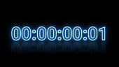 Cyber neon countdown timer, futuristic blue laser led light energy clock display, 3d rendering digital stopwatch sign animation background