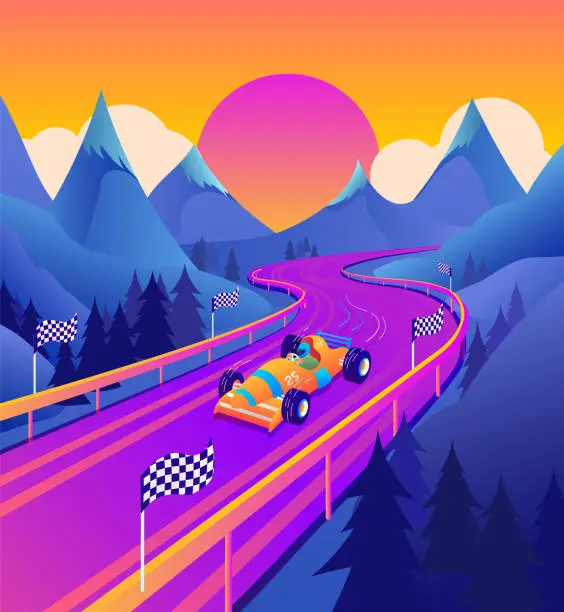 Vector illustration of Sunset Sprint, Racing to Victory, Outdoor Racing Car, Outdoor Rally