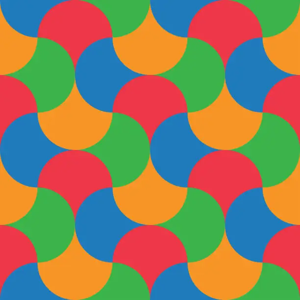Vector illustration of Mid century retro ogee scallop seamless pattern in red, blue, green and orange.