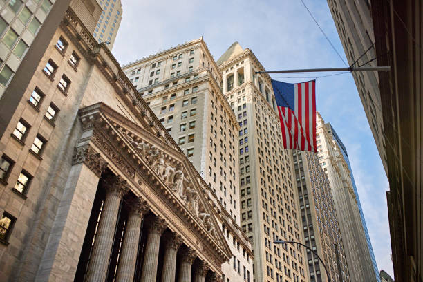 Close up image of  Wall Street road sign in Lower Manhattan, New York City